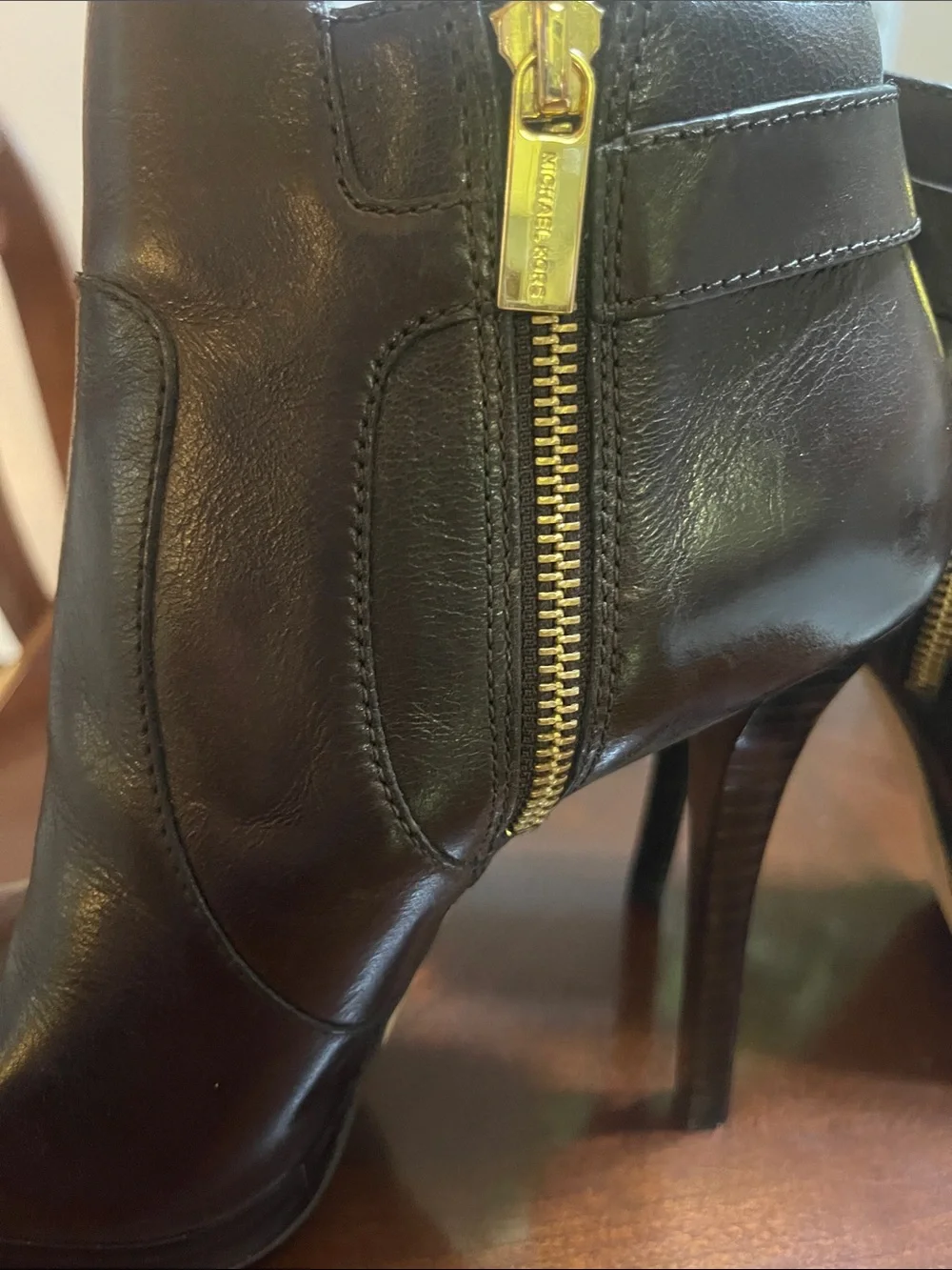 Michael Kors Dark Brown Leather High-Heel Ankle Booties with Gold MK Accent